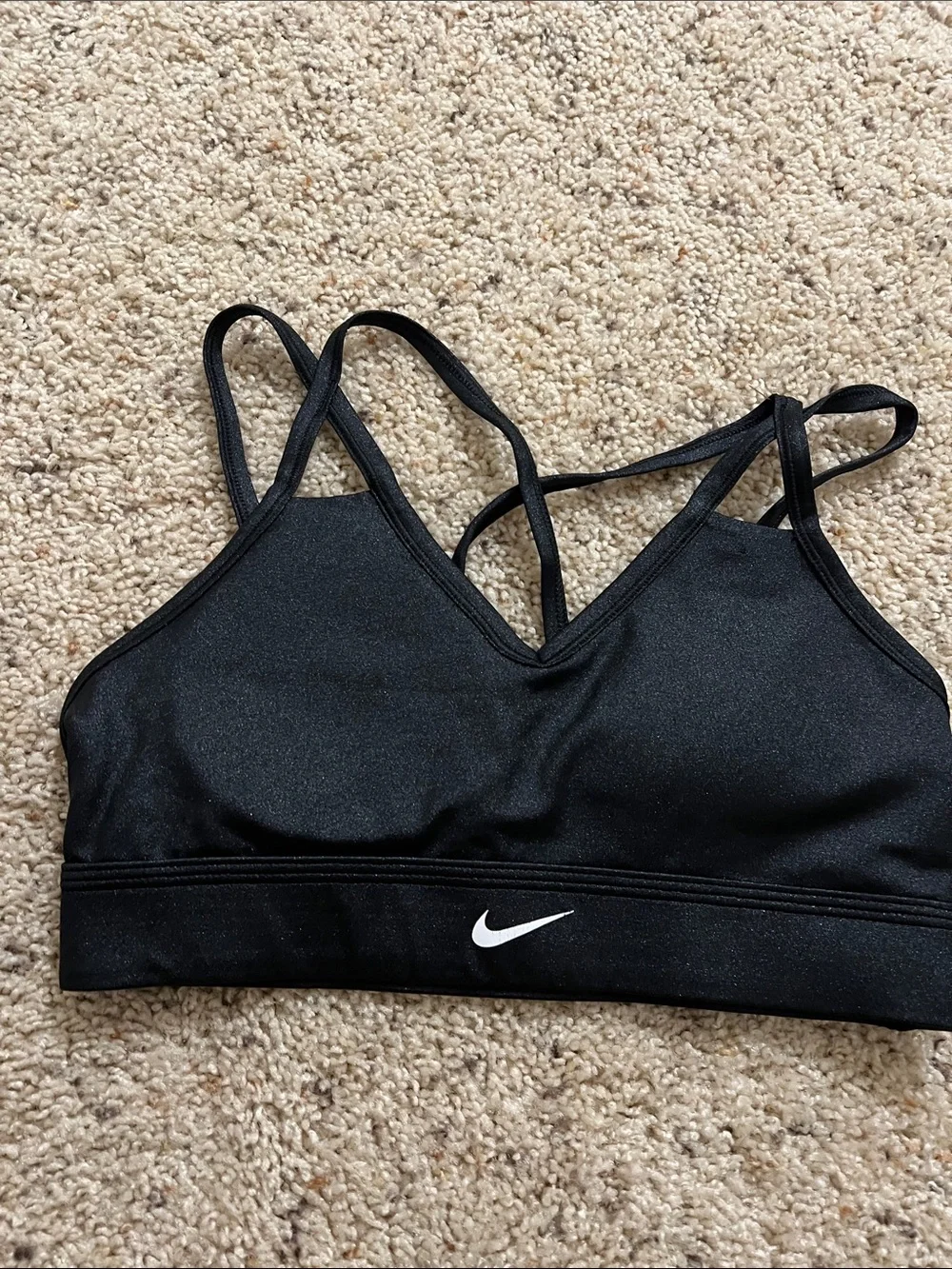 Nike Black Strappy V‑Neck Sports Bra with White Swoosh